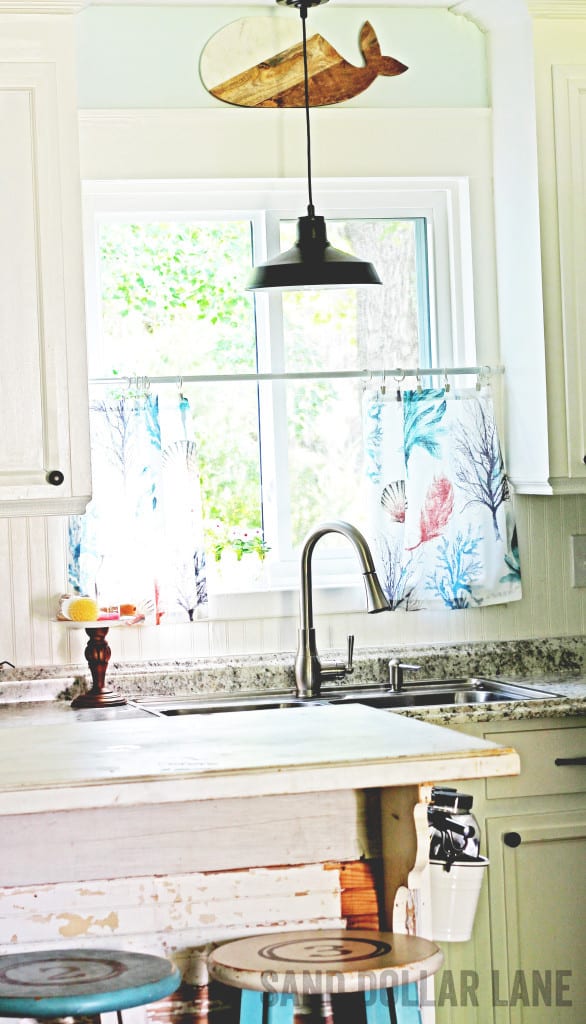 Coastal style curtains in bright farmhouse kitchen