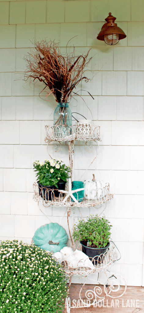 aqua white and copper coastal style Fall front porch accents