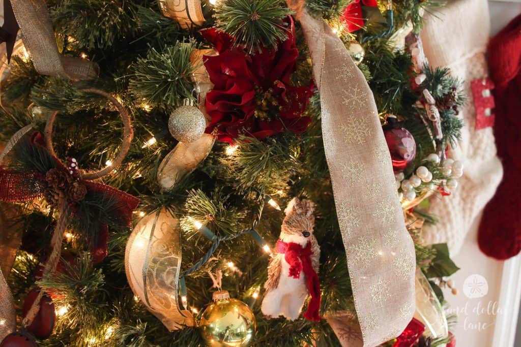 red burlap and gold Christmas tree