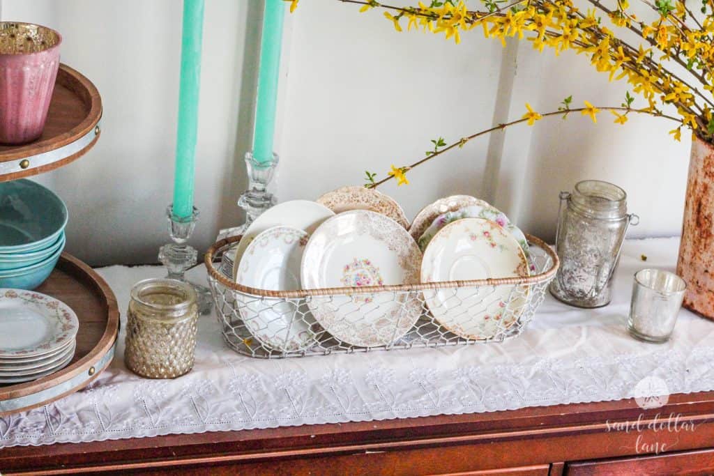 antique china saucers in Spring dining room