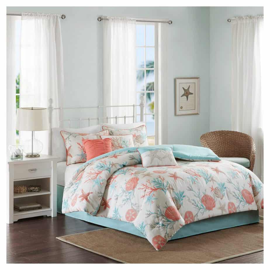 coral and aqua coastal bedding