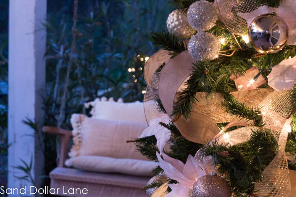 Rose gold Christmas tree on southern front porch