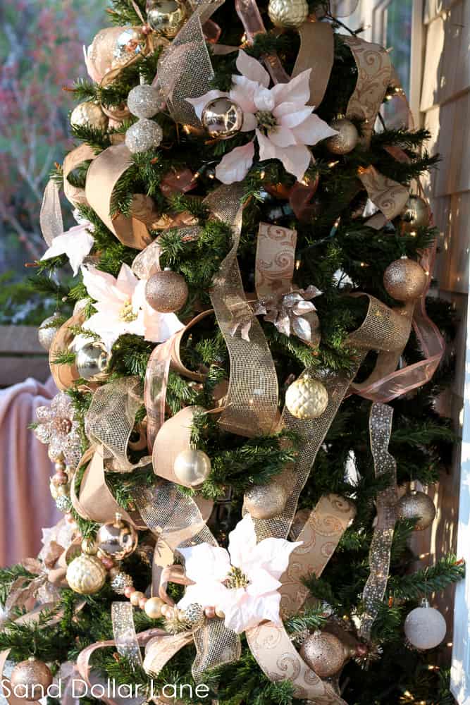 Christmas tree with rose gold ribbon and ornaments