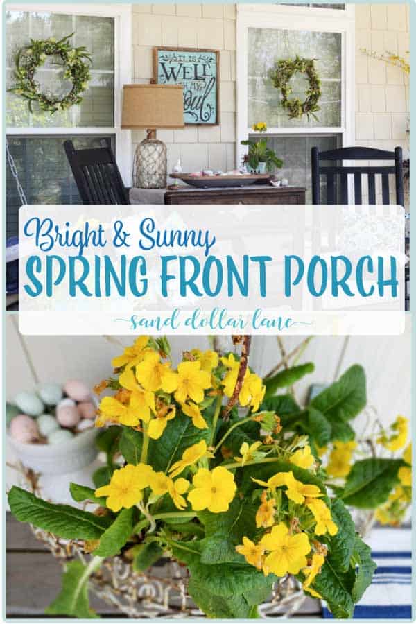 Pretty yellow flowers on porch decorated for spring