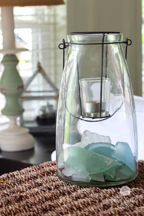 seaglass in glass candle holder