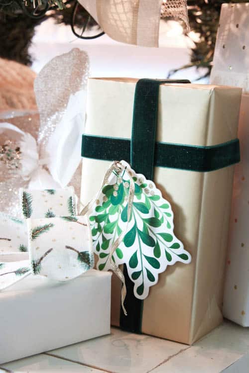 gold and green Christmas boxes