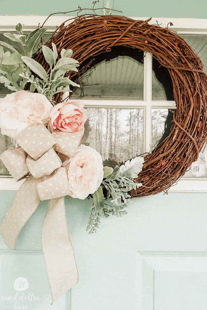 spring wreath on aqua door