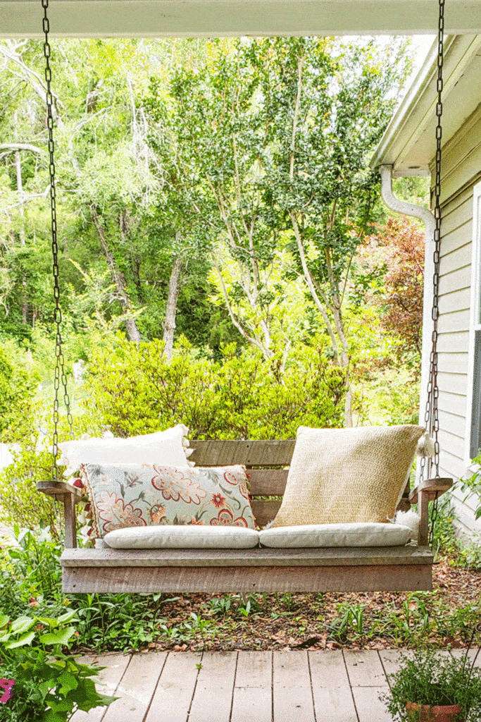 front porch swing with pillows