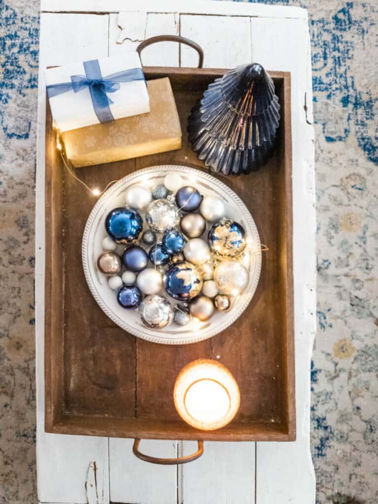 Blue and gold Christmas coffee table decorations