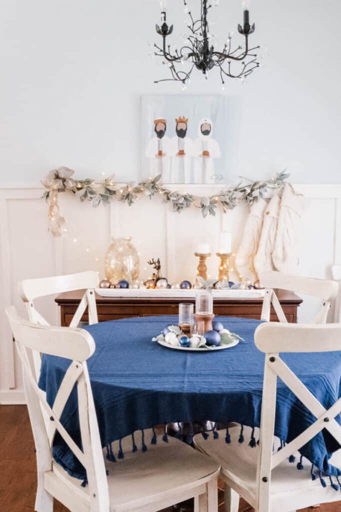 blue dining room decorated for Christmas