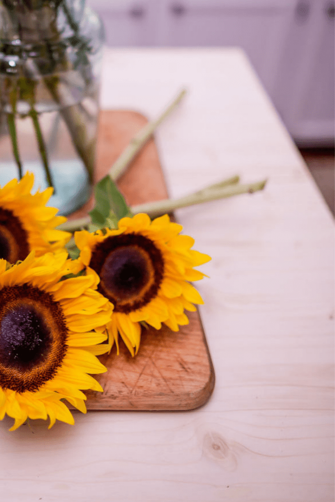 sunflowers on wooden kitchen island