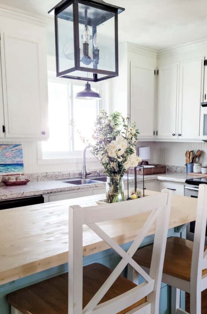 cottage kitchen with blue island