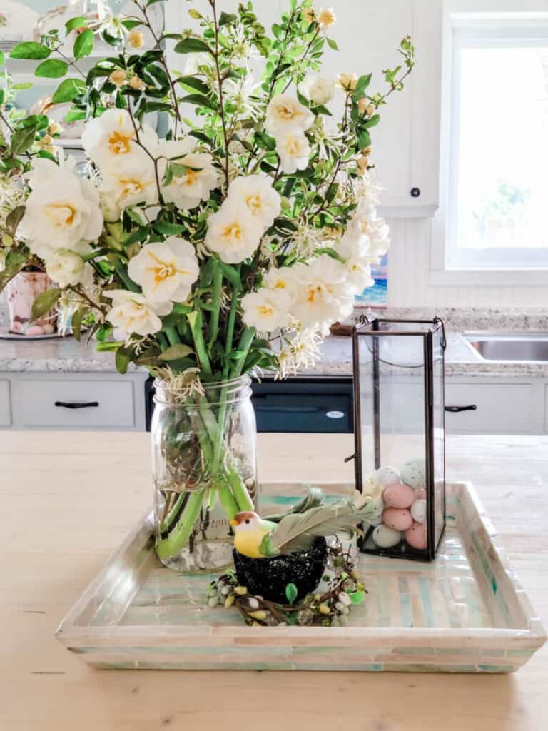 daffodil bouquet in coastal cottage kitchen