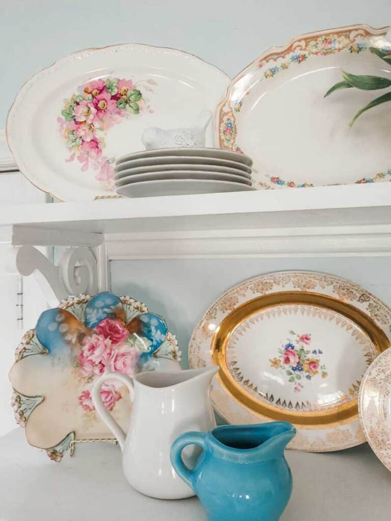 open kitchen shelves with old plates