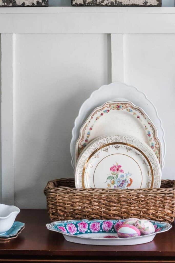 Vintage dishes on display in basket