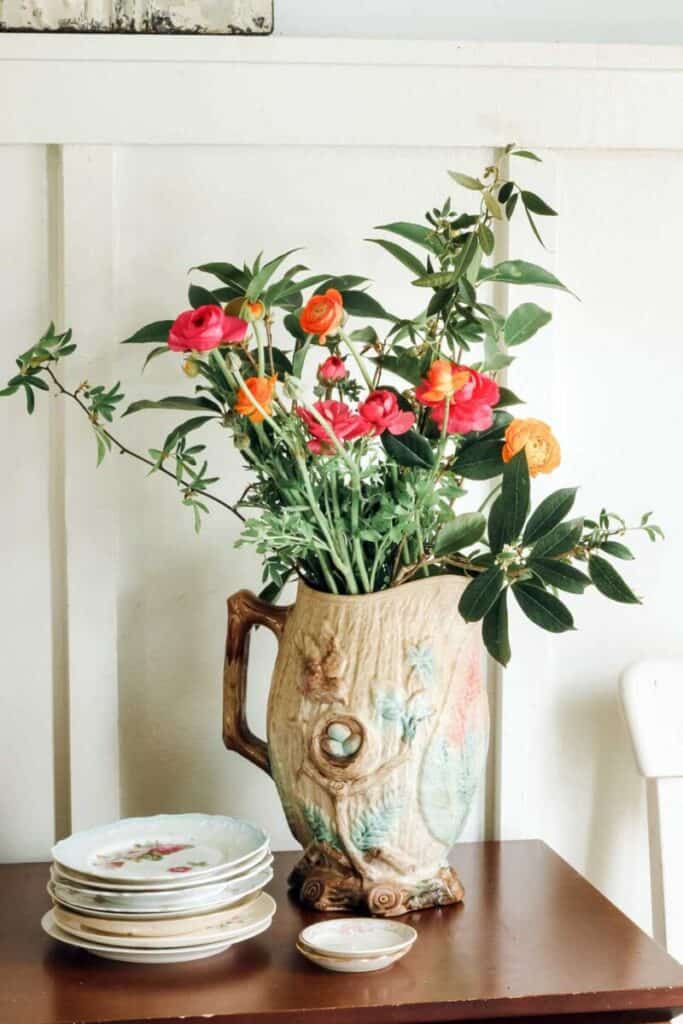 majolica pitcher with ranunculus