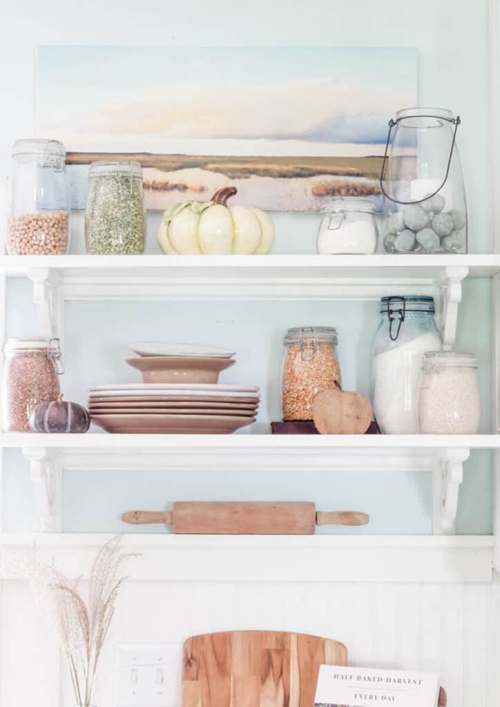 fall kitchen decorating open shelves