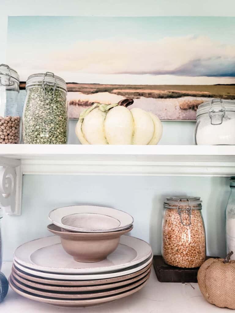 open kitchen shelving in coastal kitchen