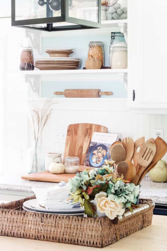 coastal kitchen island decorated for fall