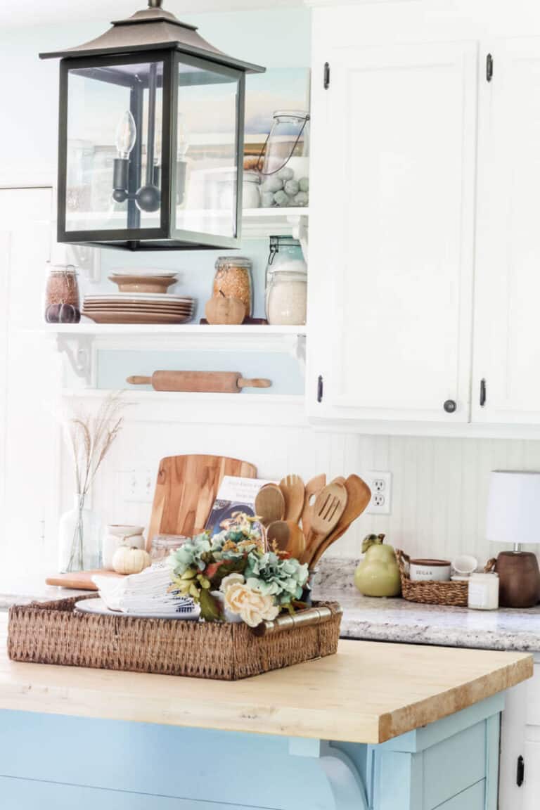 coastal kitchen decorated for fall