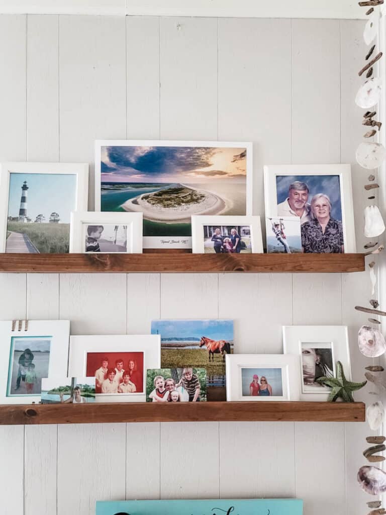 wooden photo ledges in mudroom